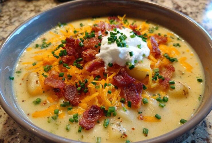 A creamy bowl of loaded baked potato soup topped with shredded cheddar, bacon bits, sour cream, and chives.