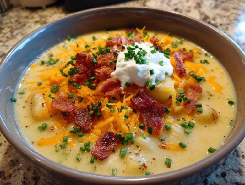 A creamy bowl of loaded baked potato soup topped with shredded cheddar, bacon bits, sour cream, and chives.