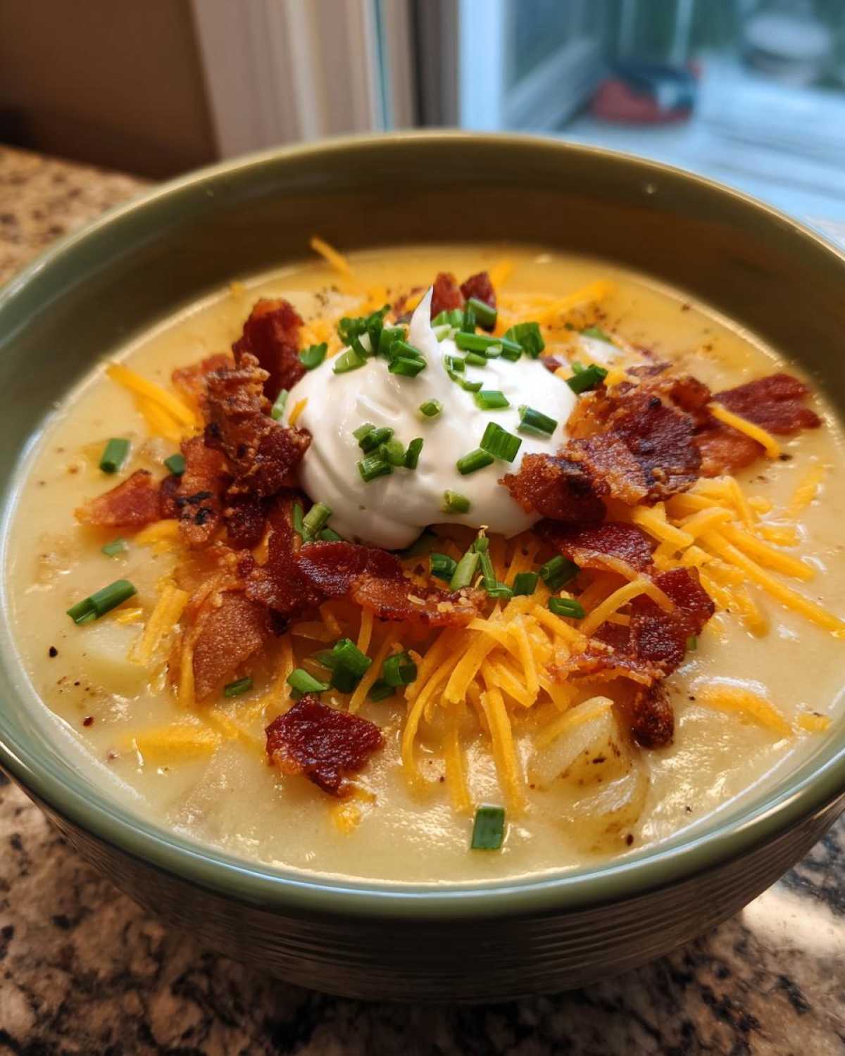 A close-up of a bowl of creamy loaded baked potato soup topped with sour cream, bacon, cheese, and chives.