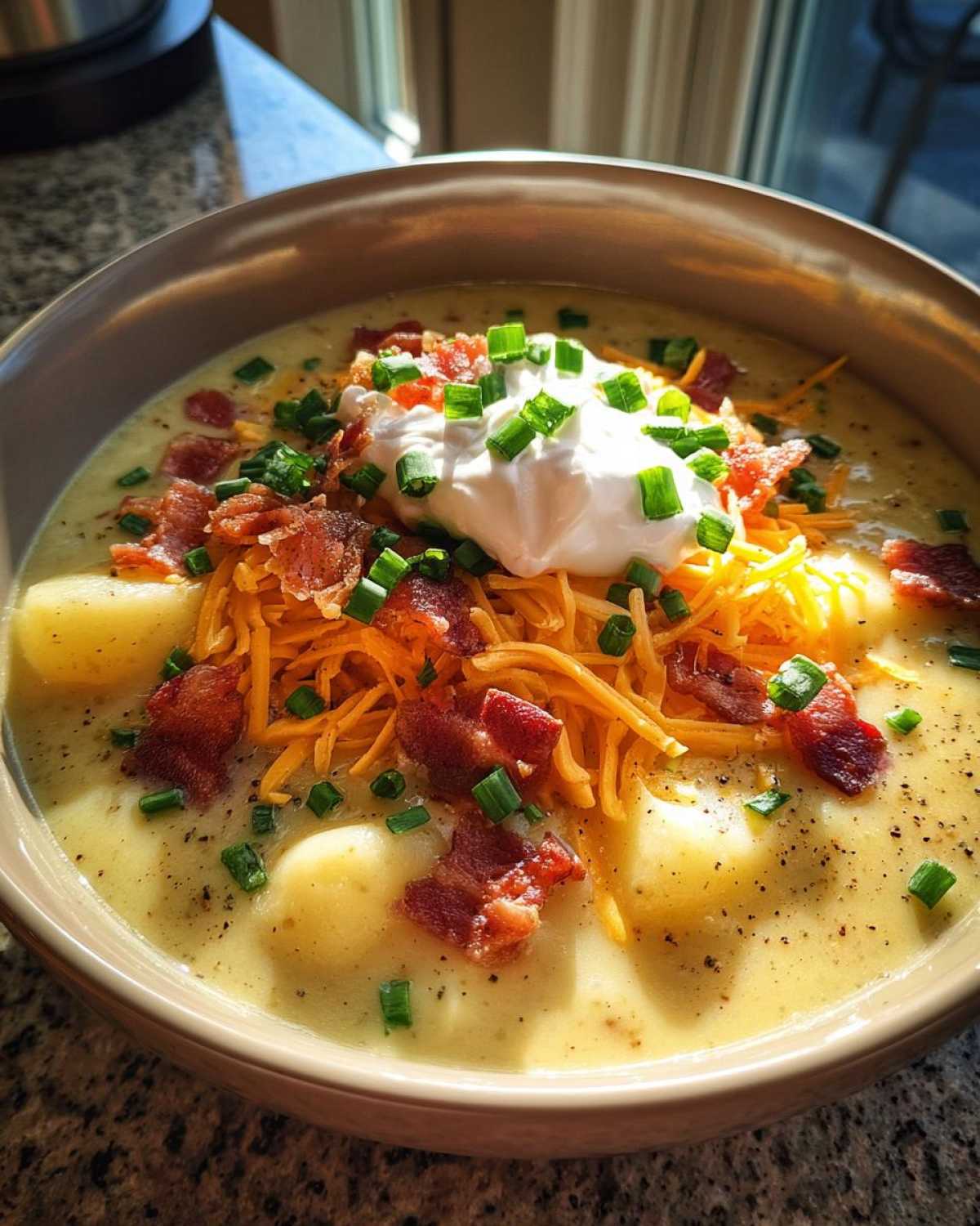 A close-up of a hearty bowl of loaded baked potato soup topped with sour cream, shredded cheddar, bacon, and chives.
