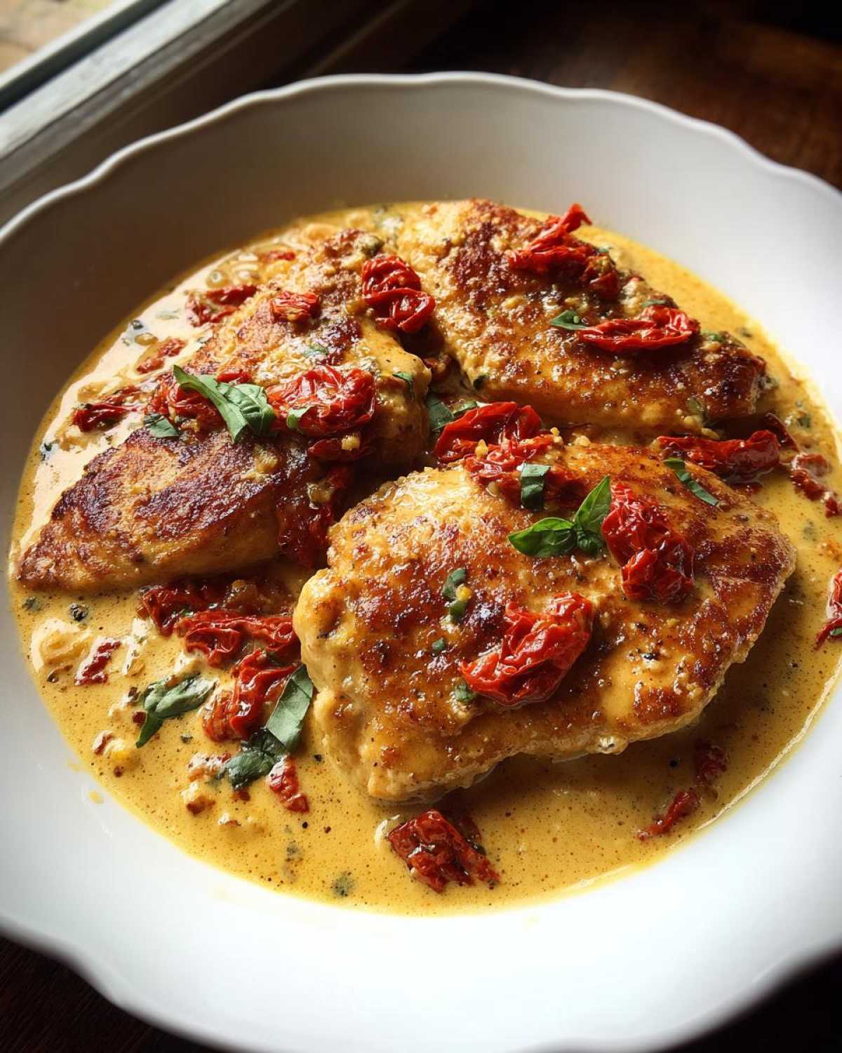 Three golden-brown chicken breasts smothered in a creamy, yellow sauce with sun-dried tomatoes and basil, known as Marry Me Chicken.
