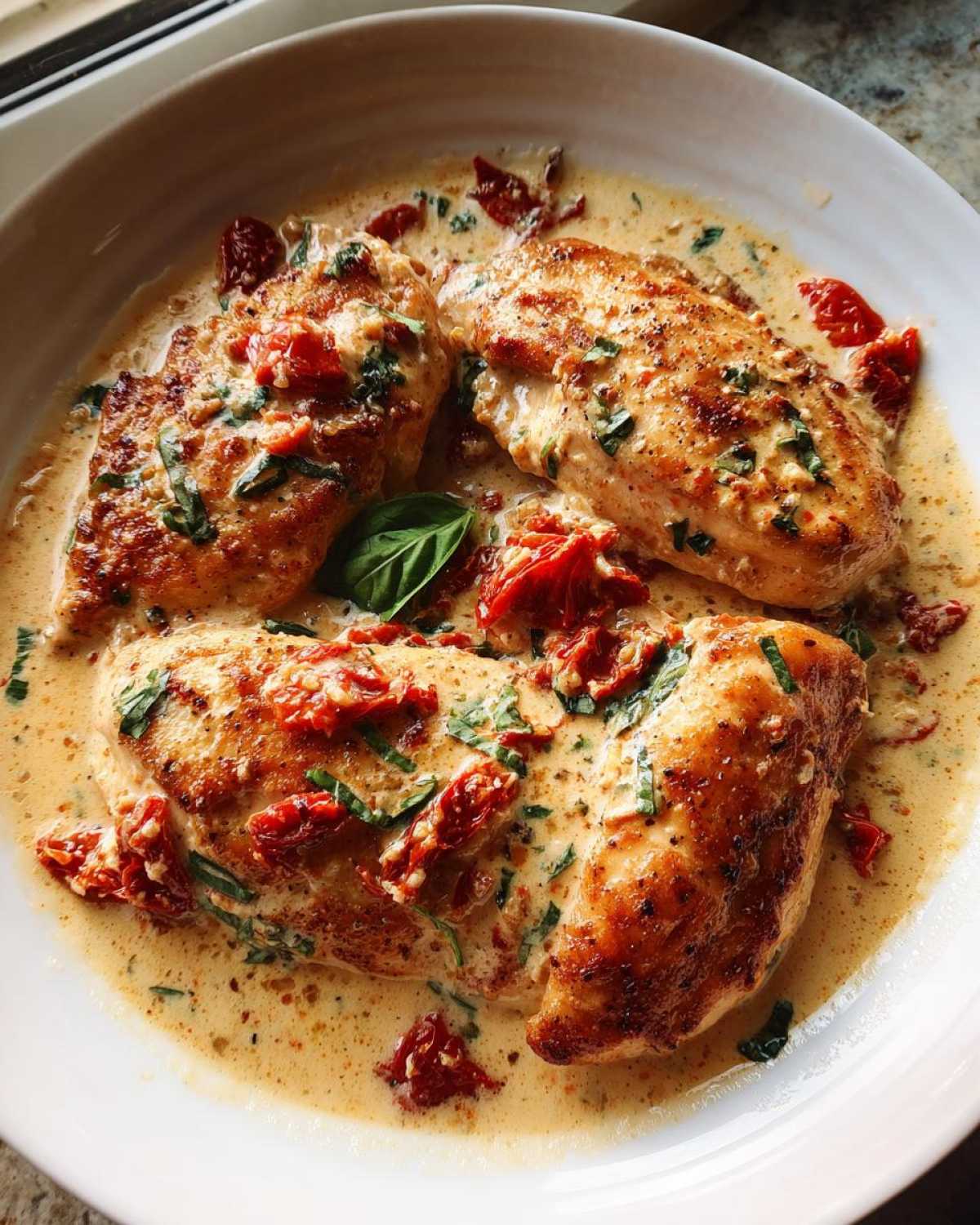 Three golden-brown chicken breasts covered in a creamy sauce with sun-dried tomatoes and fresh basil, perfect Marry Me Chicken.