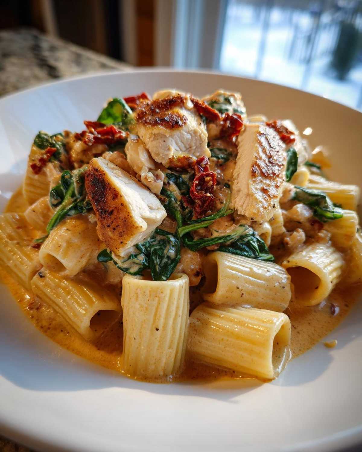 Close-up of creamy marry me chicken pasta featuring rigatoni, sliced seasoned chicken, spinach, and sun-dried tomatoes.