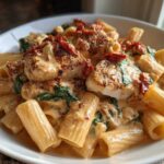A bowl of creamy marry me chicken pasta featuring seared chicken pieces, spinach, and sun-dried tomatoes over rigatoni.