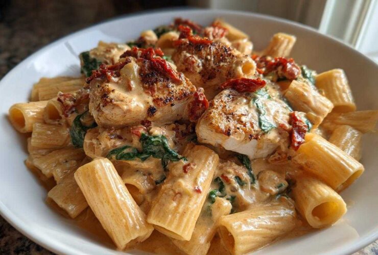 A bowl of creamy marry me chicken pasta featuring seared chicken pieces, spinach, and sun-dried tomatoes over rigatoni.