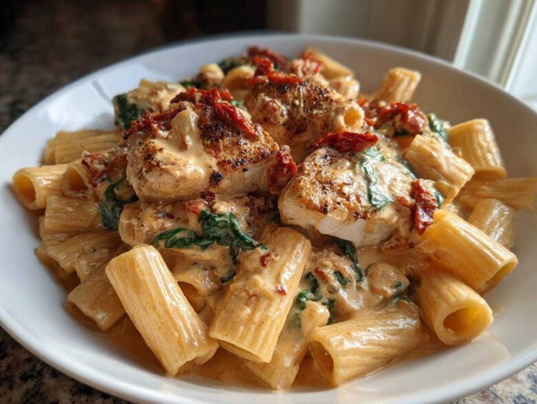 A bowl of creamy marry me chicken pasta featuring seared chicken pieces, spinach, and sun-dried tomatoes over rigatoni.
