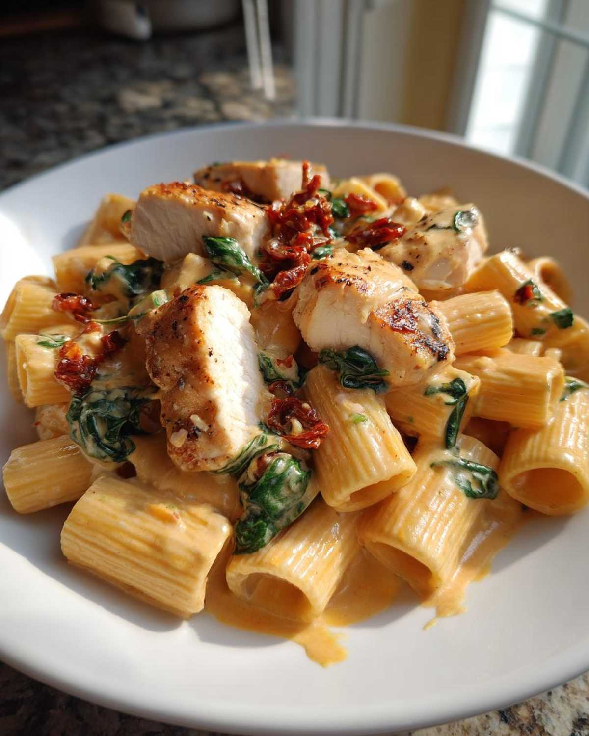 A white bowl filled with creamy marry me chicken pasta, featuring grilled chicken pieces, spinach, and sun-dried tomatoes.