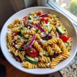 A vibrant bowl of mediterranean pasta salad featuring rotini pasta, cherry tomatoes, cucumbers, feta cheese, and red onion.