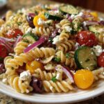 A close-up of a vibrant mediterranean pasta salad featuring rotini pasta, cherry tomatoes, cucumber, and feta cheese.