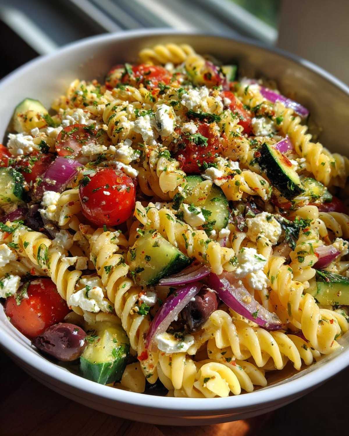 Close-up of a vibrant mediterranean pasta salad featuring rotini pasta, cherry tomatoes, cucumbers, feta cheese, and red onion.