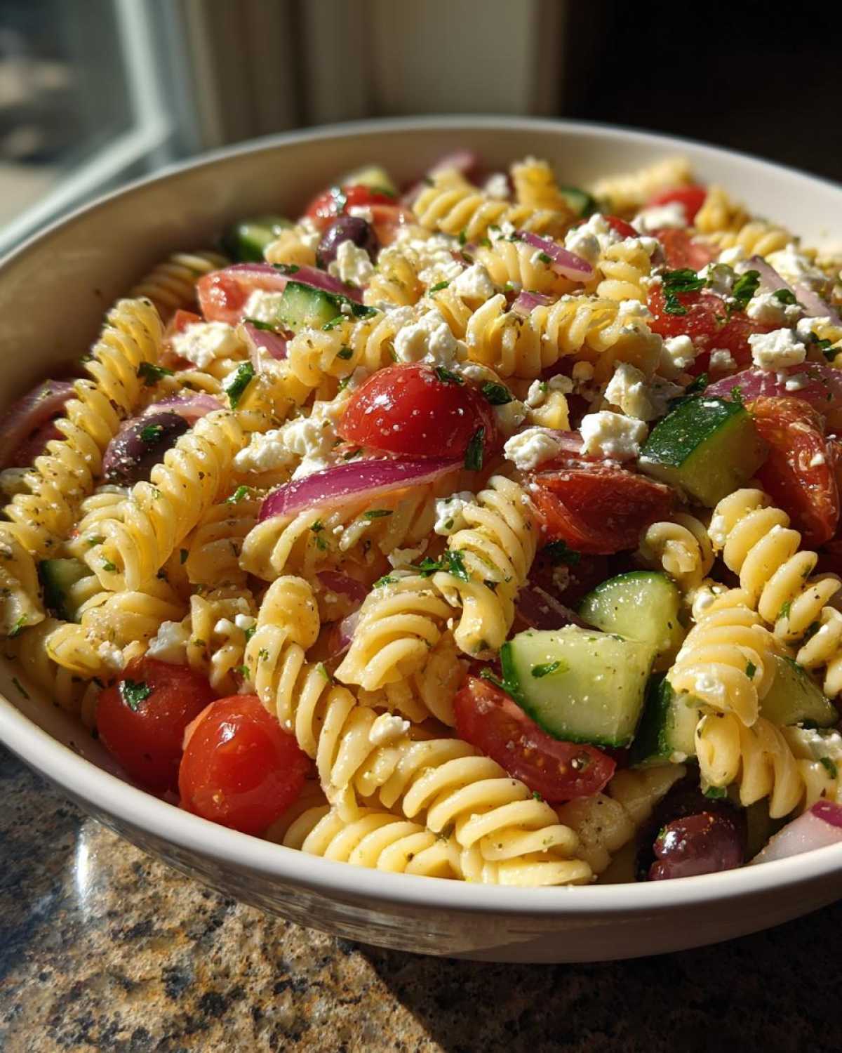 A close-up view of a vibrant mediterranean pasta salad featuring rotini pasta, cherry tomatoes, cucumbers, red onion, feta cheese, and olives.