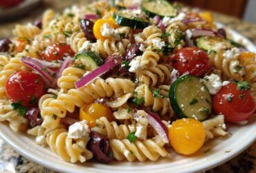 A close-up of a vibrant mediterranean pasta salad featuring rotini pasta, cherry tomatoes, cucumber, and feta cheese.