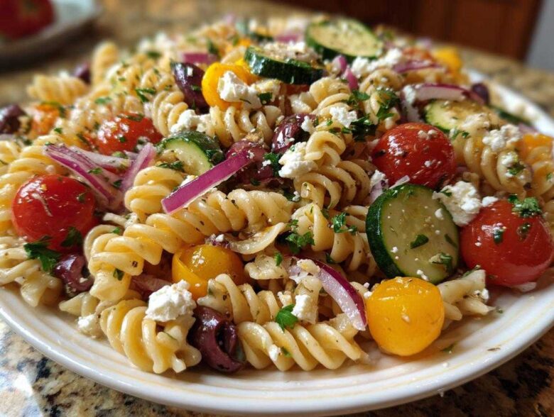 A close-up of a vibrant mediterranean pasta salad featuring rotini pasta, cherry tomatoes, cucumber, and feta cheese.