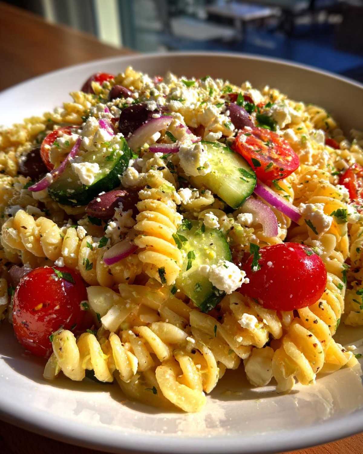 A vibrant close-up of mediterranean pasta salad featuring fusilli pasta, cherry tomatoes, cucumbers, olives, and crumbled feta cheese.