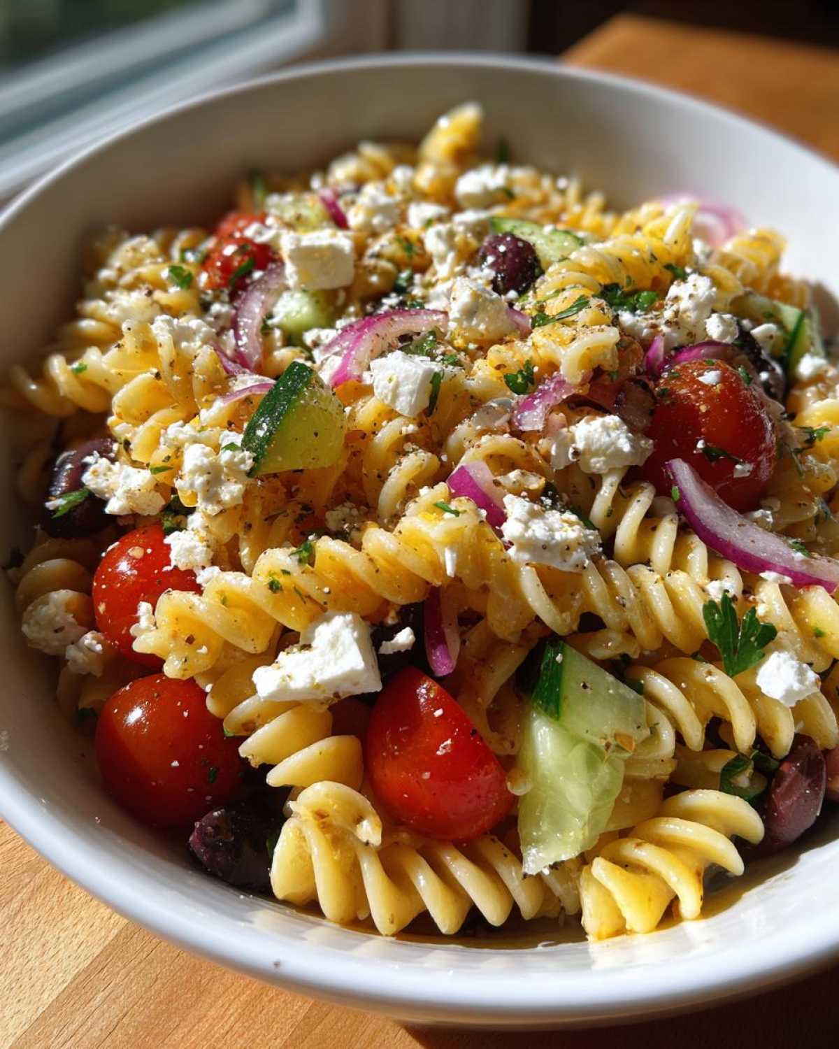 A close-up shot of a vibrant mediterranean pasta salad featuring rotini pasta, feta cheese, cherry tomatoes, and red onion.