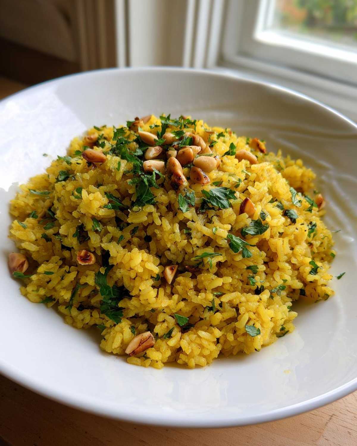 A close-up of vibrant yellow mediterranean rice topped with fresh parsley and toasted pine nuts in a white bowl.