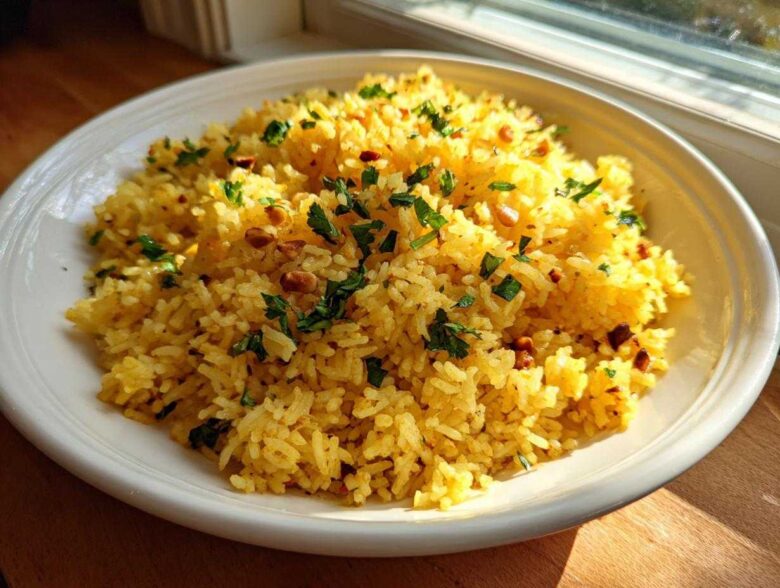 A white bowl filled with fluffy, yellow mediterranean rice, topped with chopped parsley and toasted pine nuts.