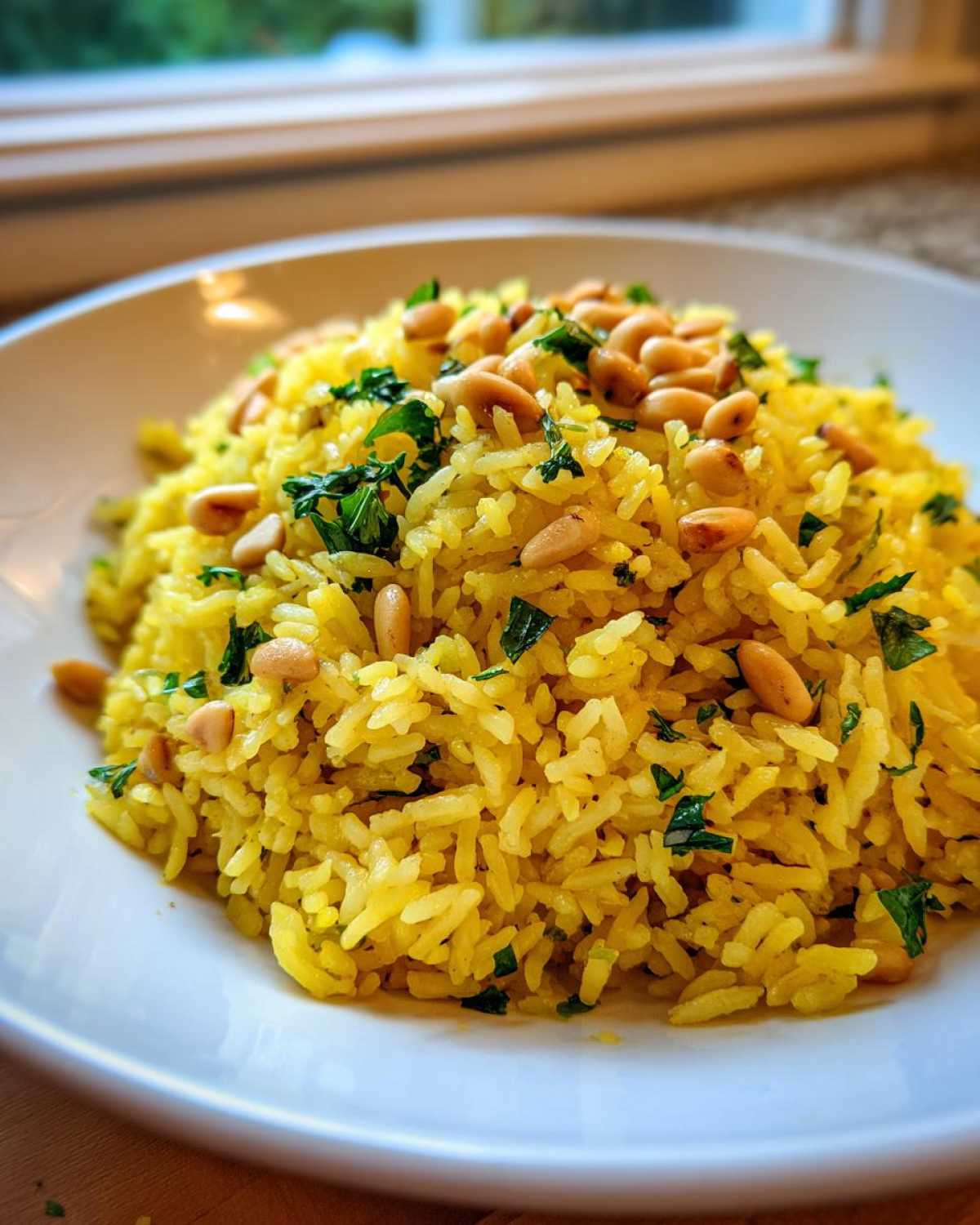A close-up of bright yellow Mediterranean rice topped with toasted pine nuts and fresh parsley.