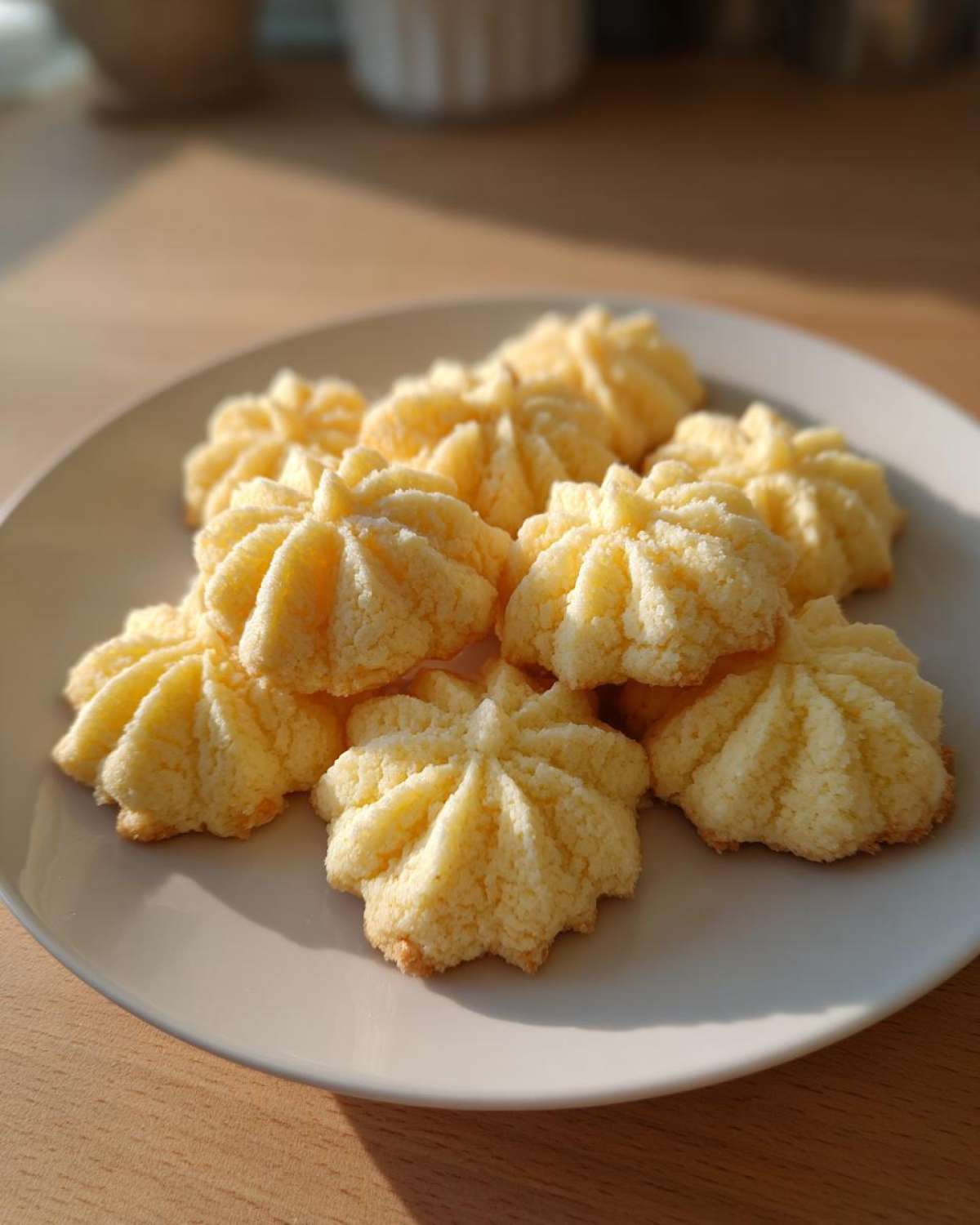A pile of freshly baked, piped butter cookie treats on a white plate, catching the sunlight.