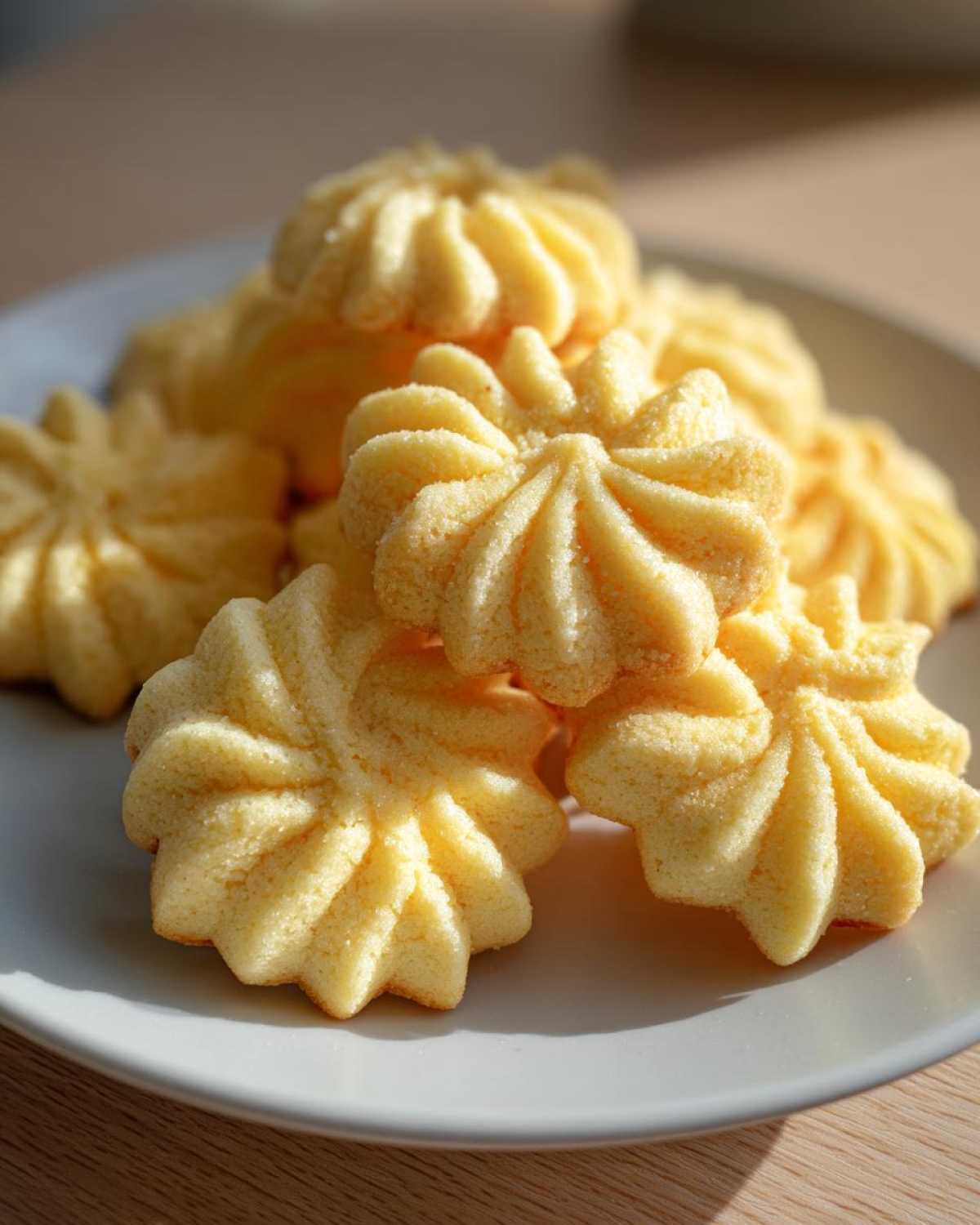 Close-up of several pale yellow, piped butter cookie treats stacked on a light gray plate.