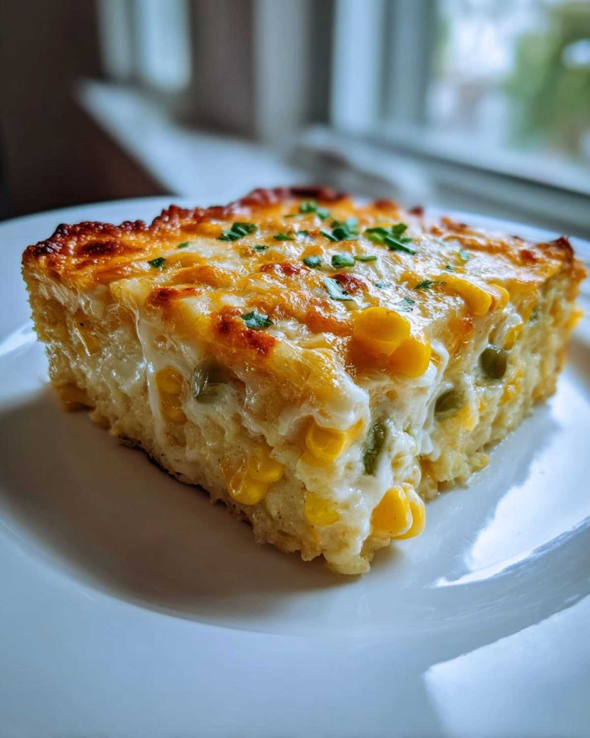 A square slice of creamy Mexican corn casserole, topped with melted, browned cheese and chives.
