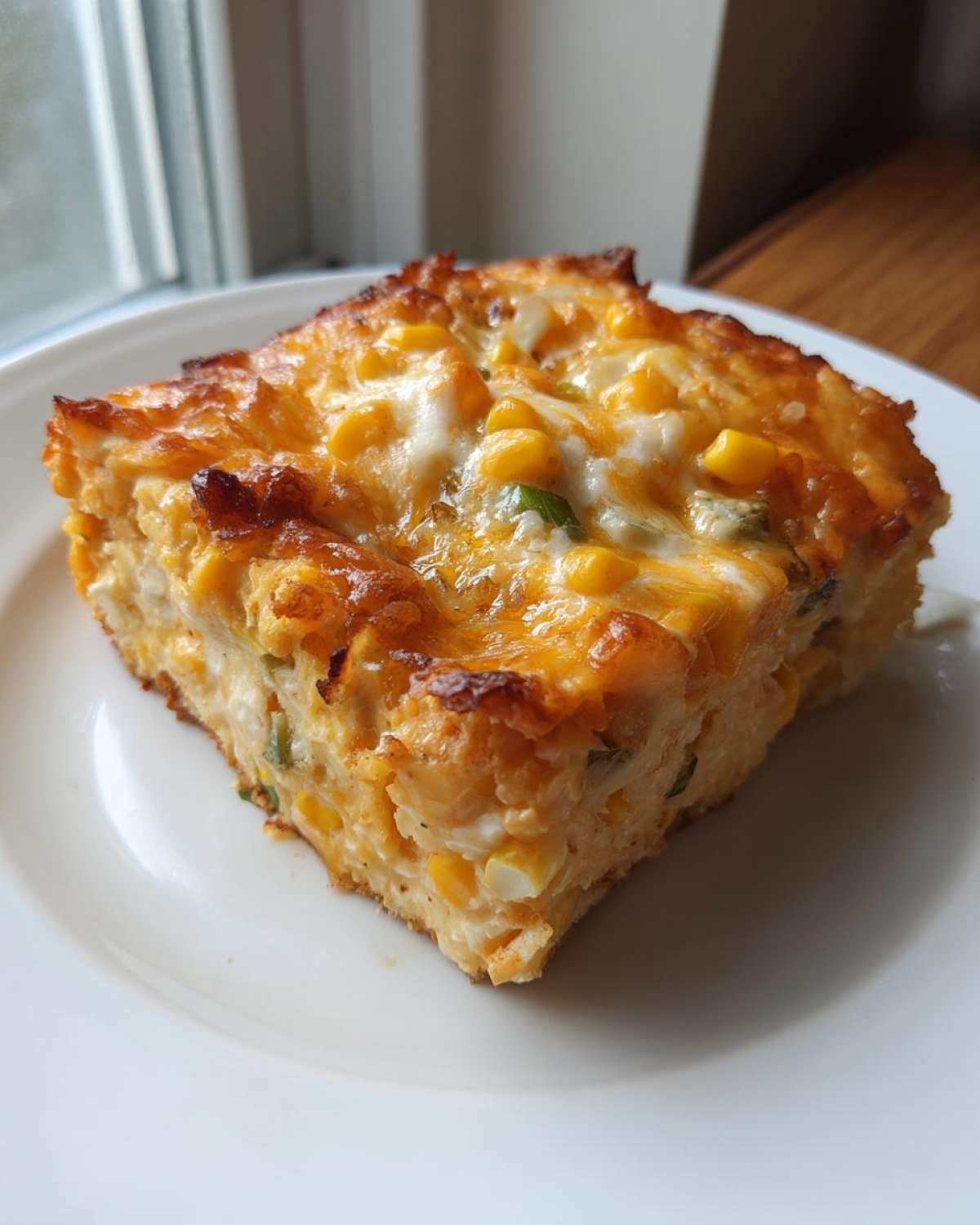 A square slice of baked Mexican corn casserole topped with melted cheddar and white cheese.