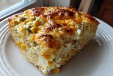 A thick, golden slice of Mexican corn casserole featuring visible kernels of corn and melted cheese topping.