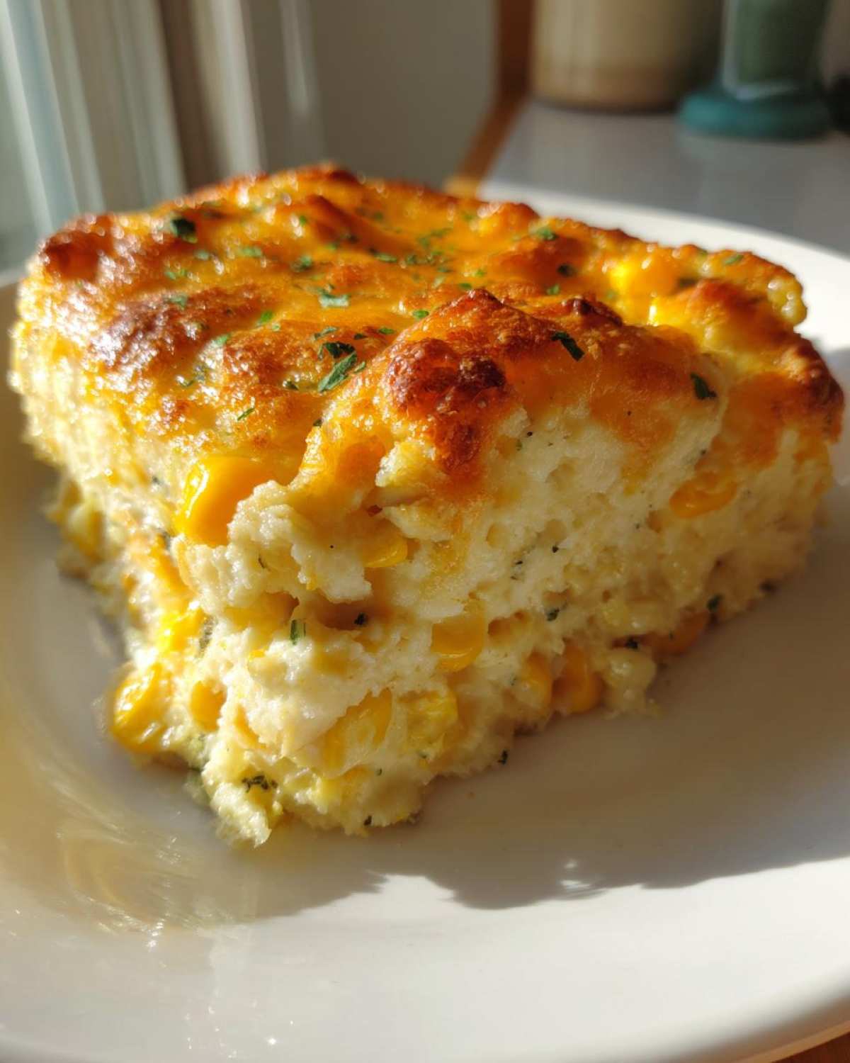 A golden-brown slice of baked Mexican corn casserole, rich with visible corn kernels and a cheesy topping.