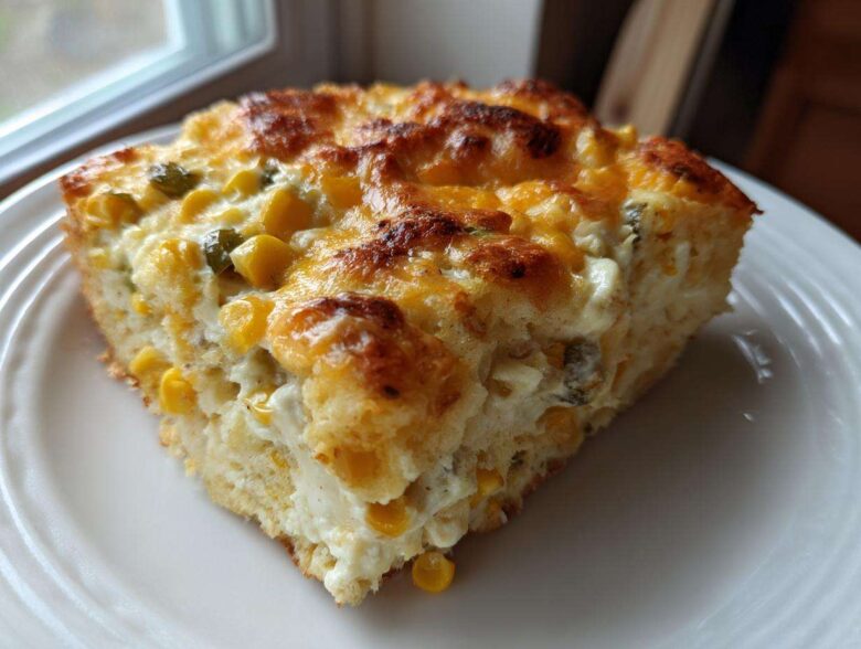 A thick, golden slice of Mexican corn casserole featuring visible kernels of corn and melted cheese topping.