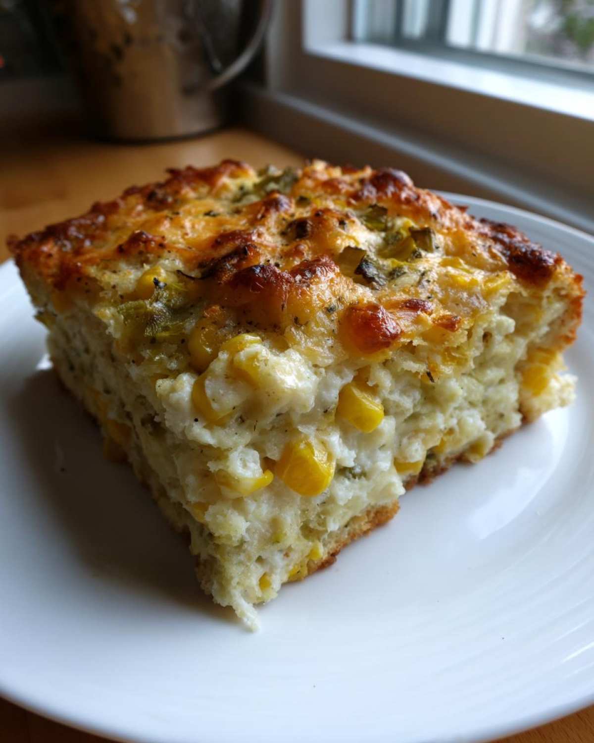 A square slice of baked Mexican corn casserole with a golden, cheesy top and visible kernels of corn.
