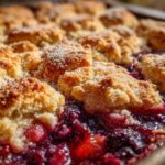 Close-up of a bubbling mixed berry cobbler with golden, sugared biscuit topping.
