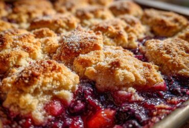 Close-up of a bubbling mixed berry cobbler with golden, sugared biscuit topping.