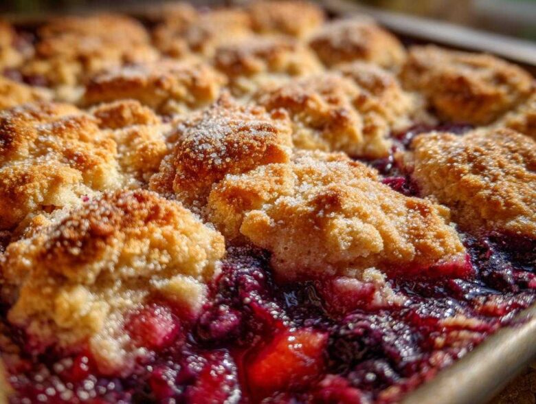 Close-up of a bubbling mixed berry cobbler with golden, sugared biscuit topping.