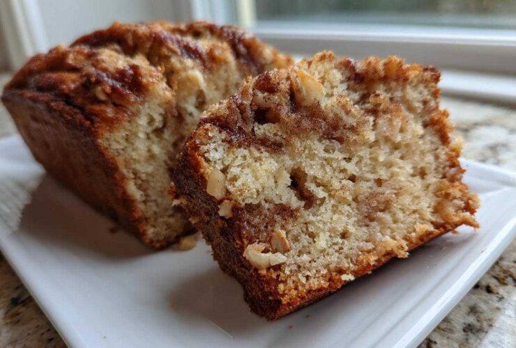 Close-up of a moist slice of apple bread showing cinnamon swirl and chopped nuts.