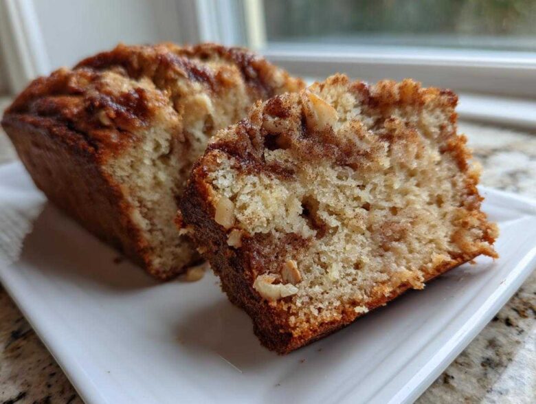 Close-up of a moist slice of apple bread showing cinnamon swirl and chopped nuts.