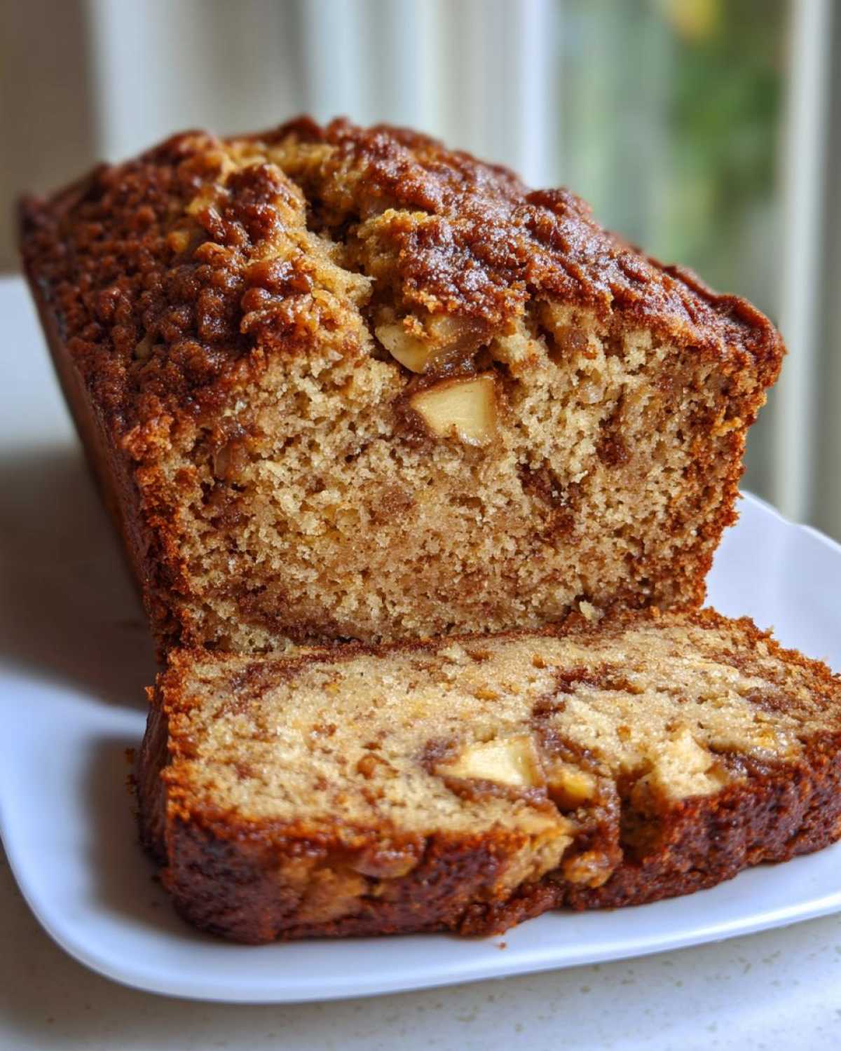 A loaf of moist apple bread, partially sliced, showing chunks of apple and a rich, crumbly top.