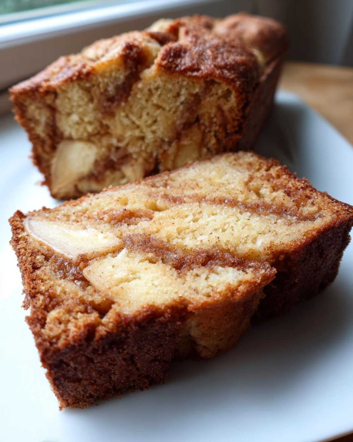 Close-up of a moist slice of apple bread showing chunks of apple and a rich cinnamon swirl filling.