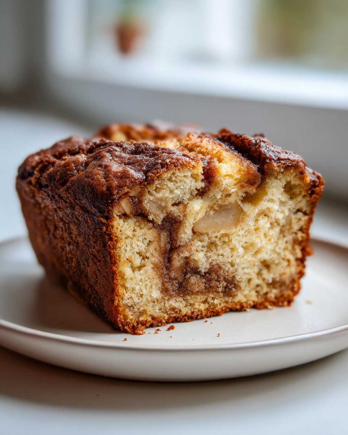 Close-up of a slice of moist apple bread showing chunks of apple and a cinnamon swirl inside.