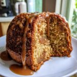 A slice of moist apple bundt cake topped with rich caramel sauce dripping down the side.
