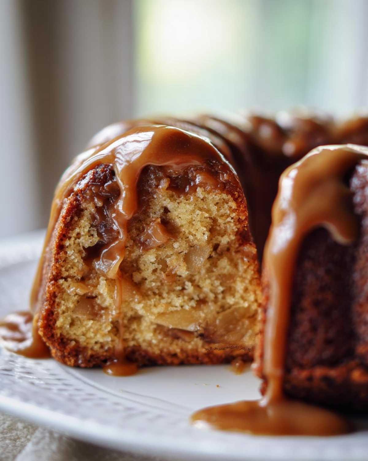 Close-up of a moist apple bundt cake slice generously covered in thick caramel sauce.