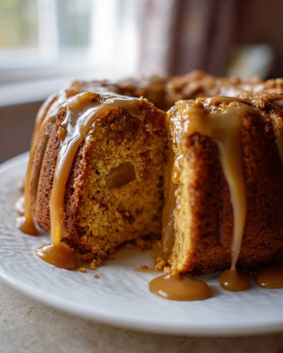 Close-up of a moist apple bundt cake slice generously covered in thick caramel sauce.