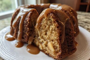 A slice cut from a moist apple bundt cake, generously topped with thick caramel sauce.
