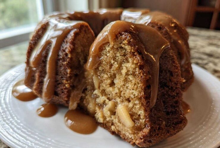 A slice cut from a moist apple bundt cake, generously topped with thick caramel sauce.