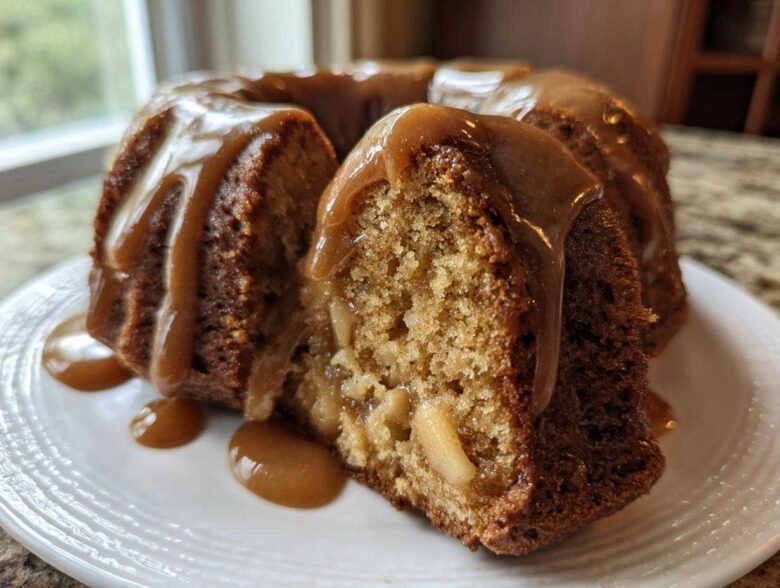 A slice cut from a moist apple bundt cake, generously topped with thick caramel sauce.