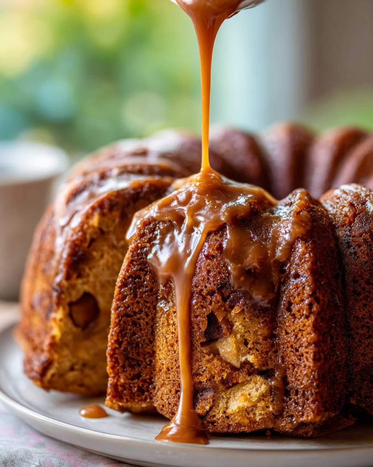 A close-up of a moist apple bundt cake being generously drizzled with thick, glossy caramel sauce.