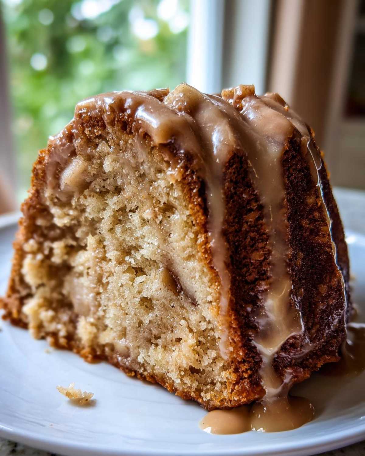 Close-up of a moist slice of apple bundt cake drizzled with caramel glaze.