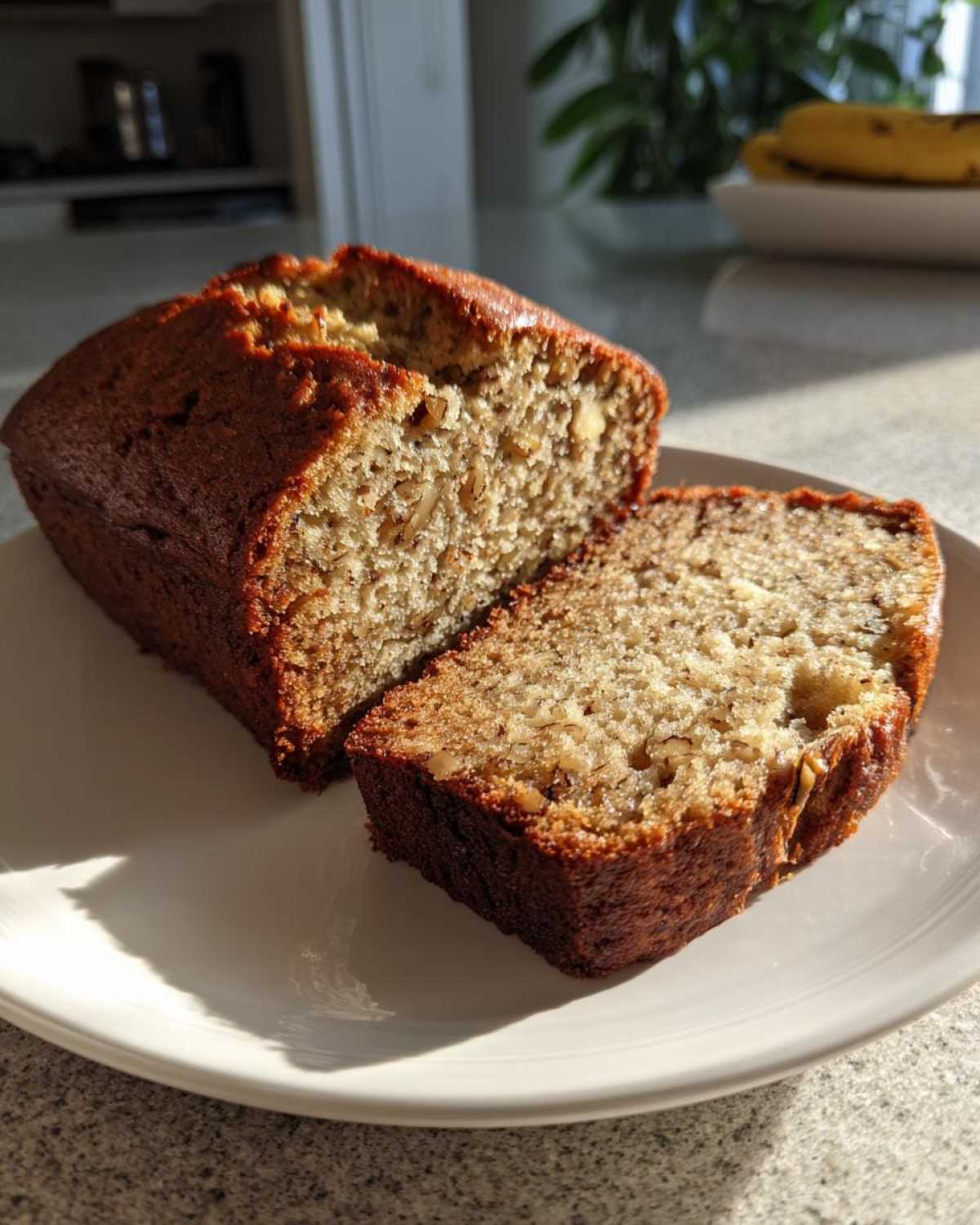 A loaf of moist greek yogurt banana bread, partially sliced, showing the dense, nutty interior texture.