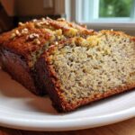A close-up of a moist slice of greek yogurt banana bread, showing the crumb texture and walnut topping.