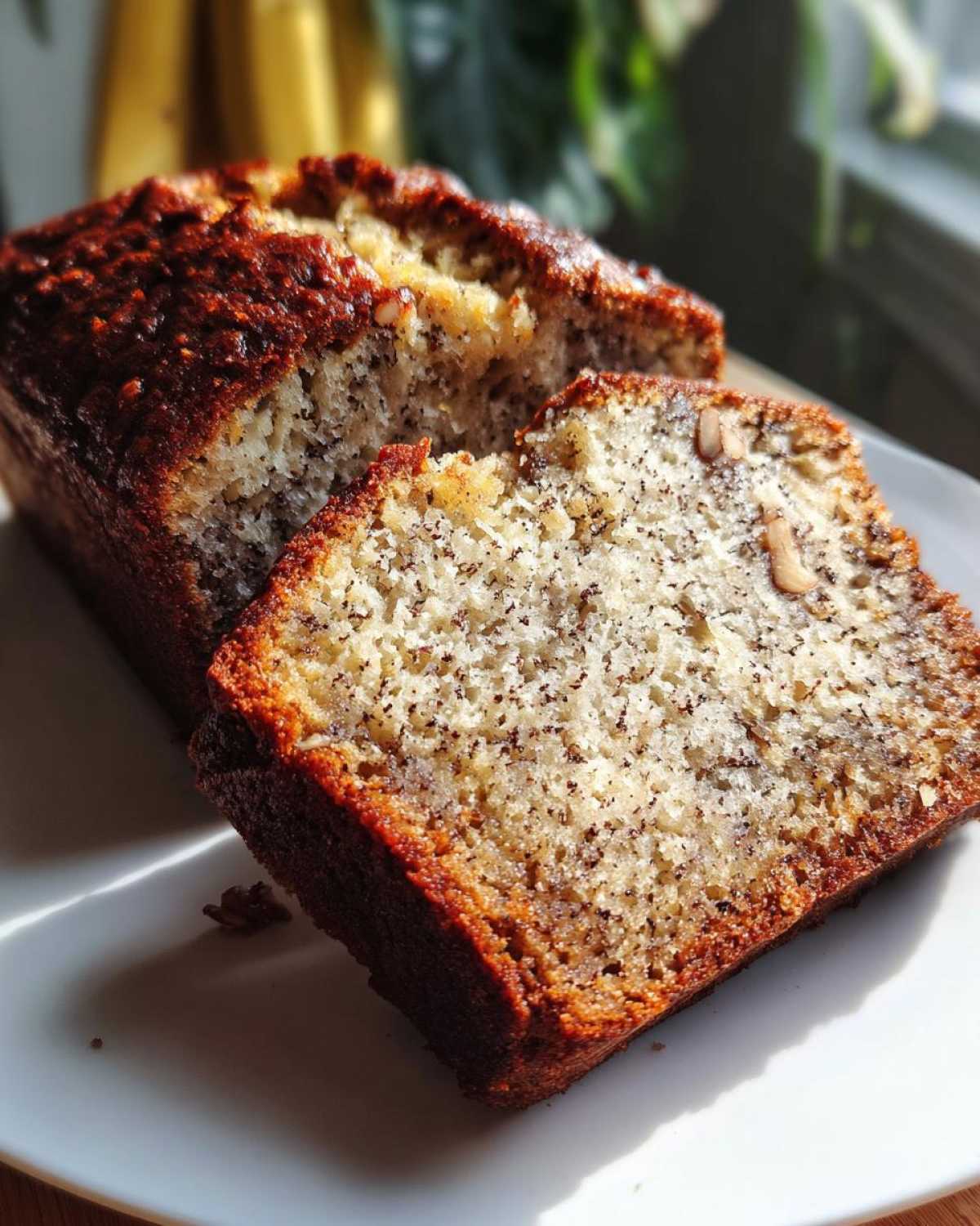 Close-up of a moist slice of greek yogurt banana bread with a dark, caramelized crust and visible banana specks.
