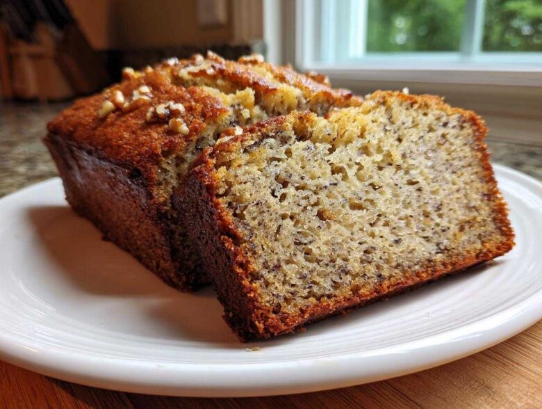 A close-up of a moist slice of greek yogurt banana bread, showing the crumb texture and walnut topping.